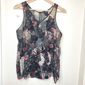 Vintage Vanity Womens Ruffle Front Sleeveless Blouse M Gray Tan Red Flower Top